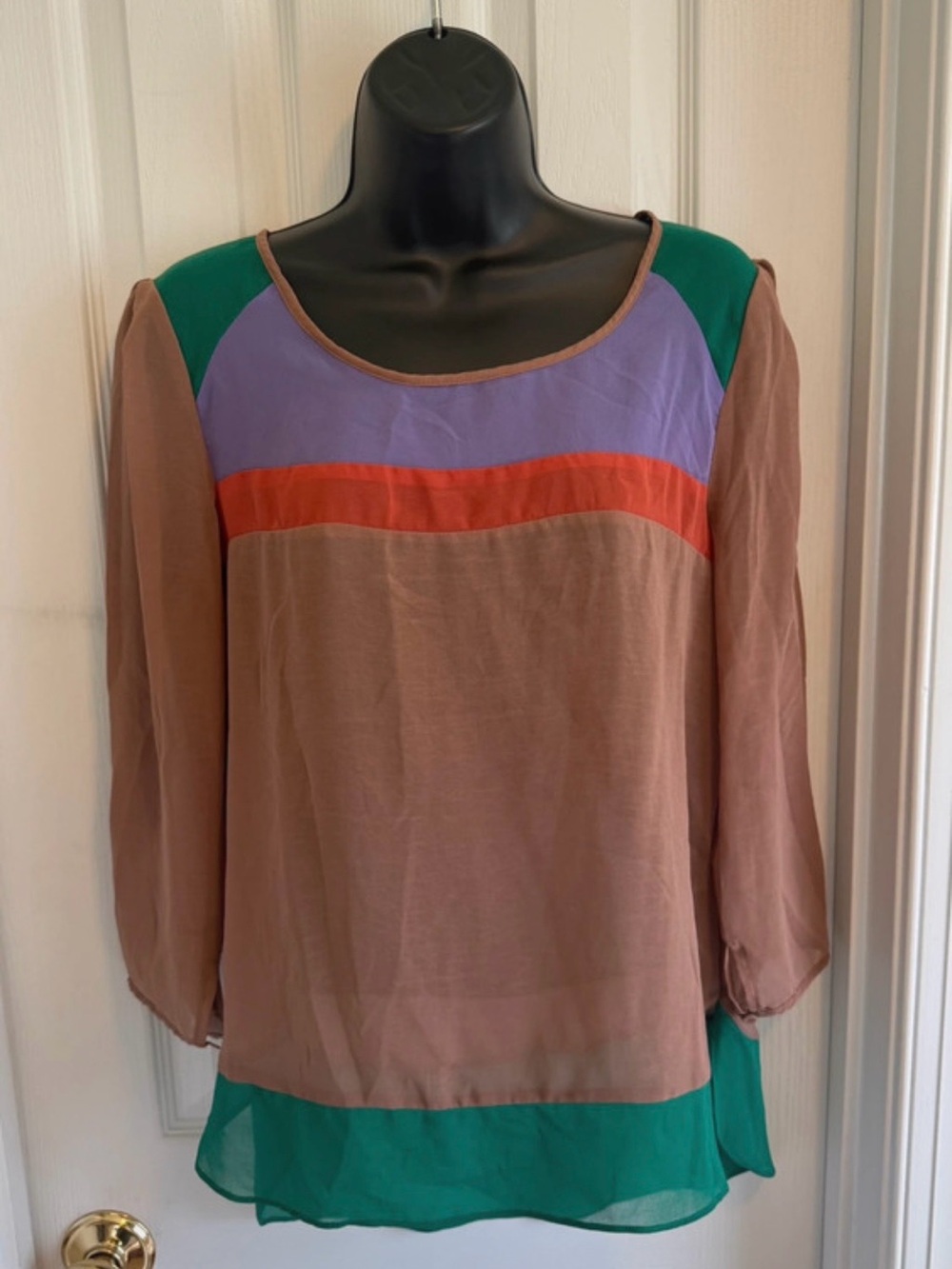 Umgee Colorblock Brown and Green Women's Blouse - Lightweight Long Sleeve Top